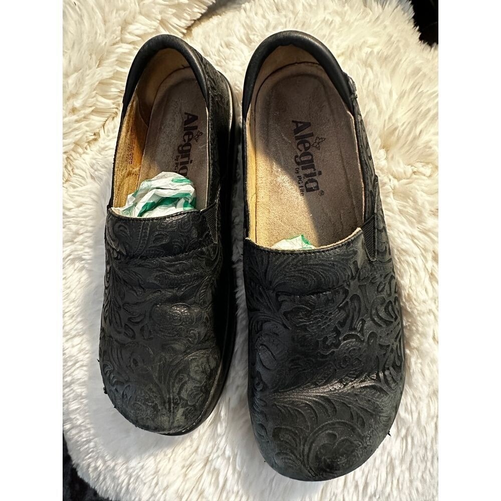 Alegria Keli Black Embossed Leather Professional Clogs Nursing Shoes Women 38